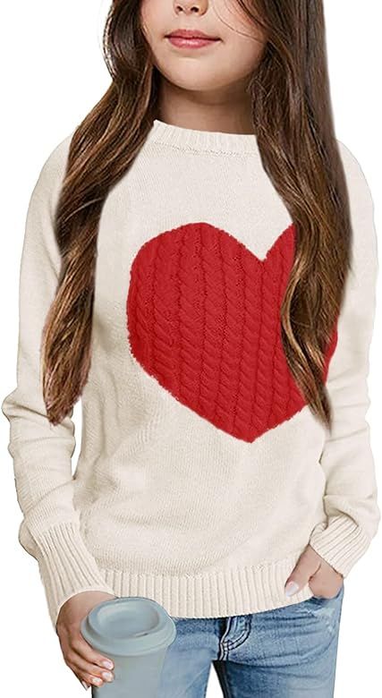 Batermoon Girls' Pullover Sweaters Long Sleeve Cute Heart Pattern Crewneck Knit Jumper Tops | Amazon (US)