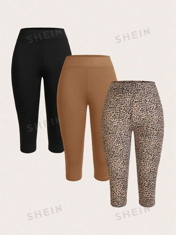 SHEIN Essnce 3pcs Casual Minimalist Khaki Black Leopard Multi-Color Leggings Set, Suitable For Su... | SHEIN