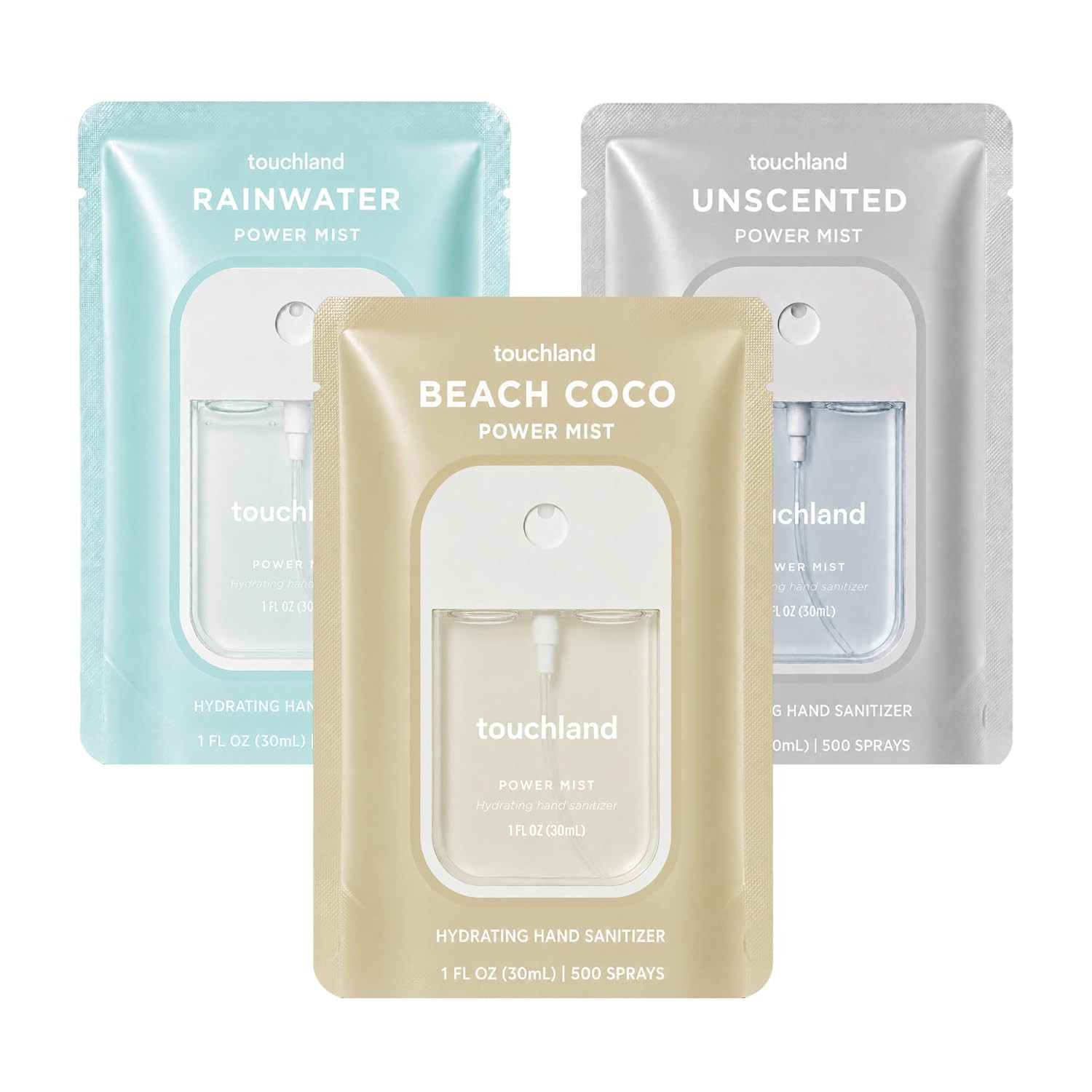 Touchland Power Mist Hydrating Hand Sanitizer Spray, DYE FREE 3-PACK (Rainwater, Unscented, Beach Coco), 500-Sprays each, 1FL OZ (Set of 3) | Amazon (US)