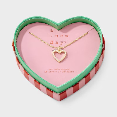 Valentine's Day 14K Gold Dipped Pave Pearl Open Heart Pendant Necklace - A New Day™ Gold/White | Target