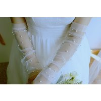 Pearl Long Tulle Bridal Fingerless Arm Cuff, Chic Bride Wedding Fingerless Gloves, Pearl Lace Elbow Sheer | Etsy (US)