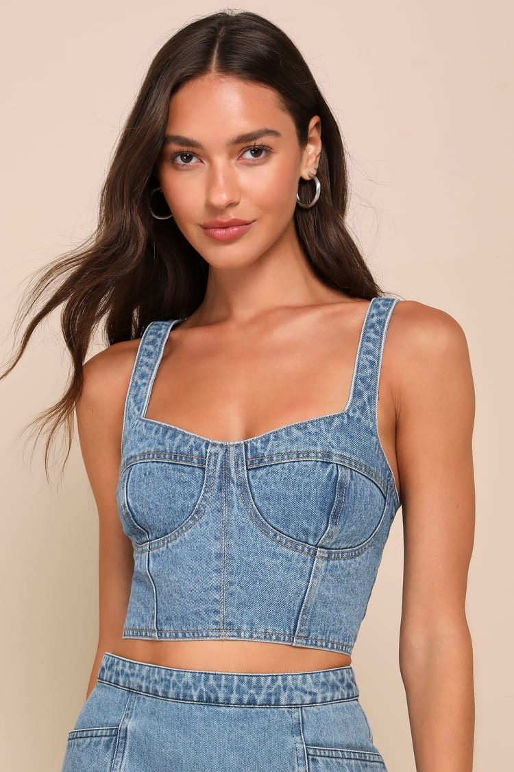 Definite Sweetie Medium Wash Denim Bustier Lace-Up Crop Top | Lulus