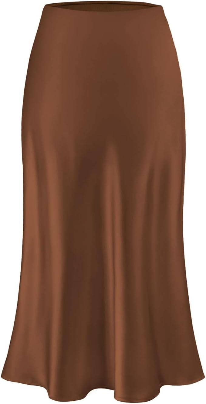 Womens Satin Silk Midi Skirt High Waist A-Line Casual Elastic Waist Long Skirts for Women | Amazon (US)