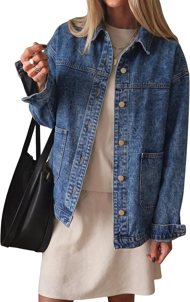 Womens Oversized Denim Jacket Casual Distresse Western Jean Jackets | Amazon (US)