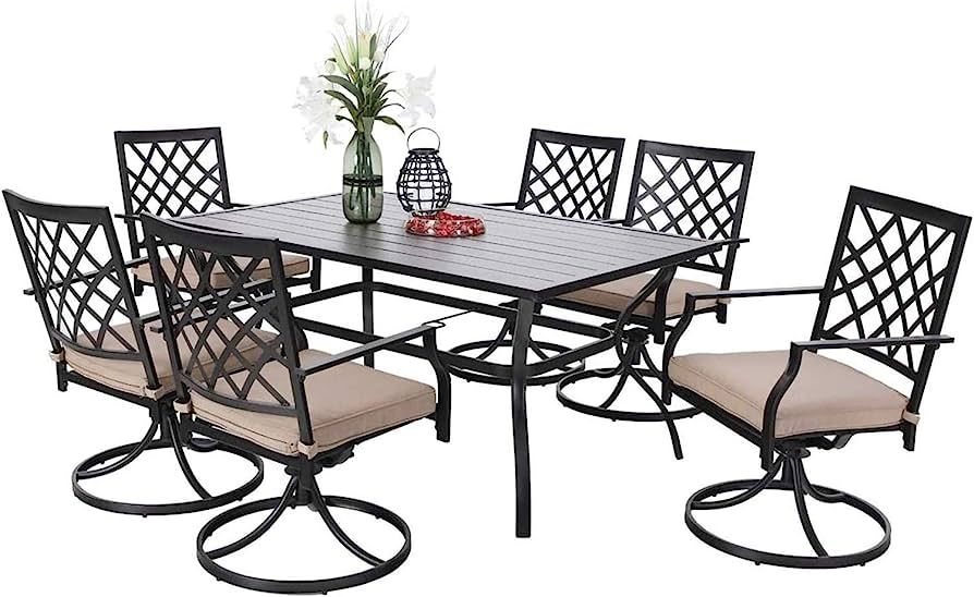 PHI VILLA Patio Dining Set of 7, 60" x 37" Metal Steel Slat Patio Dining Umbrella Table, 6 Swivel... | Amazon (US)
