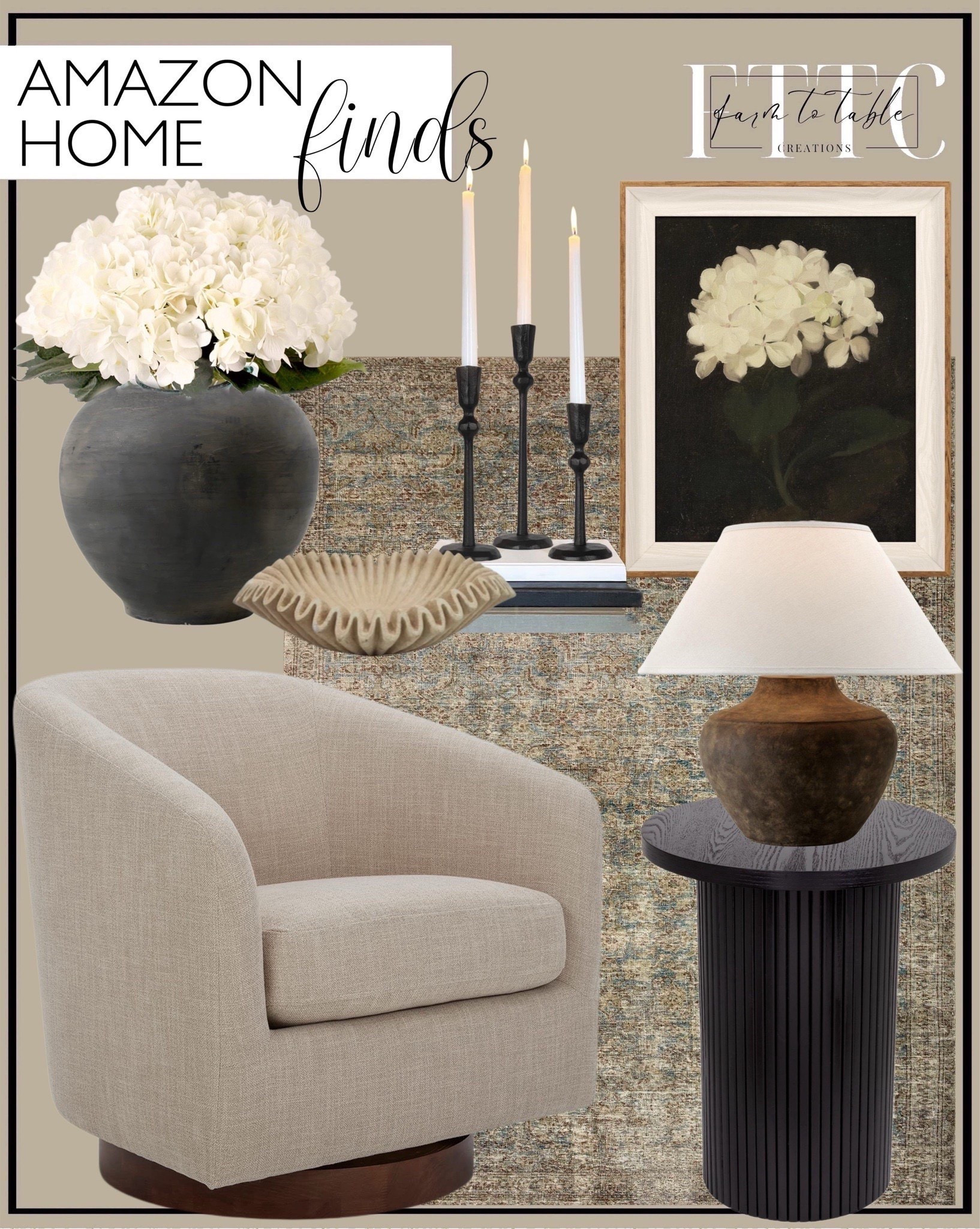 Amazon Home Finds.  Follow @farmtotablecreations on Instagram for more inspiration.

Loloi Amber Lewis x Morgan Sea/Sage 7'-3" x 9'-3" Area Rug. CHITA Swivel Accent Chair Armchair, Round Barrel Chairs in Performance Fabric for Living Room Bedroom, Flax Beige. Black Side Tables Living Room, Modern Drum End Table,
 - Living Room Furniture. InSimSea Framed Wall Art Decoration Canvas Wall Art Room Decor, White Hydrangea Oil Painting Canvas Prints. Troy Lighting Calabria - 20.5 Inch Table Lamp with Shade. Artissance Earthy Gray Small Pottery Apple-Shaped Pot. Kimura's Cabin 6pcs Fake White Flowers Artificial Silk Hydrangea. Yellow Sandstone Bowl Fruit Bowl Stone Bowl Decorative Bowl Decorative Trays Stone. ron Taper Candle Holder - Set of 3 Decorative Candle Stand, Candlestick Holder. Amazon Home. Amazon Decor. Affordable Home Finds. Living Room Decor. 



#LTKFindsUnder50 #LTKHome #LTKSaleAlert