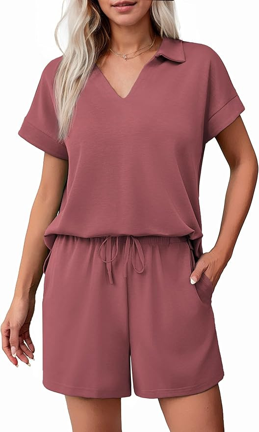 PINSPARK 2 Piece Sets for Women Summer Lounge Sets Short Sleeve Sweatsuit V-neck Tops and Drawstr... | Amazon (US)