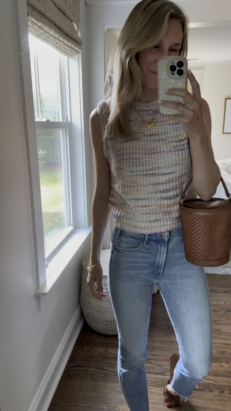 Casual spring outfit for an impromptu dinner out! Wearing size small in the knit vest, jeans TTS, bucket bag (great quality!!) and my favorite brown sandals 

#LTKSeasonal