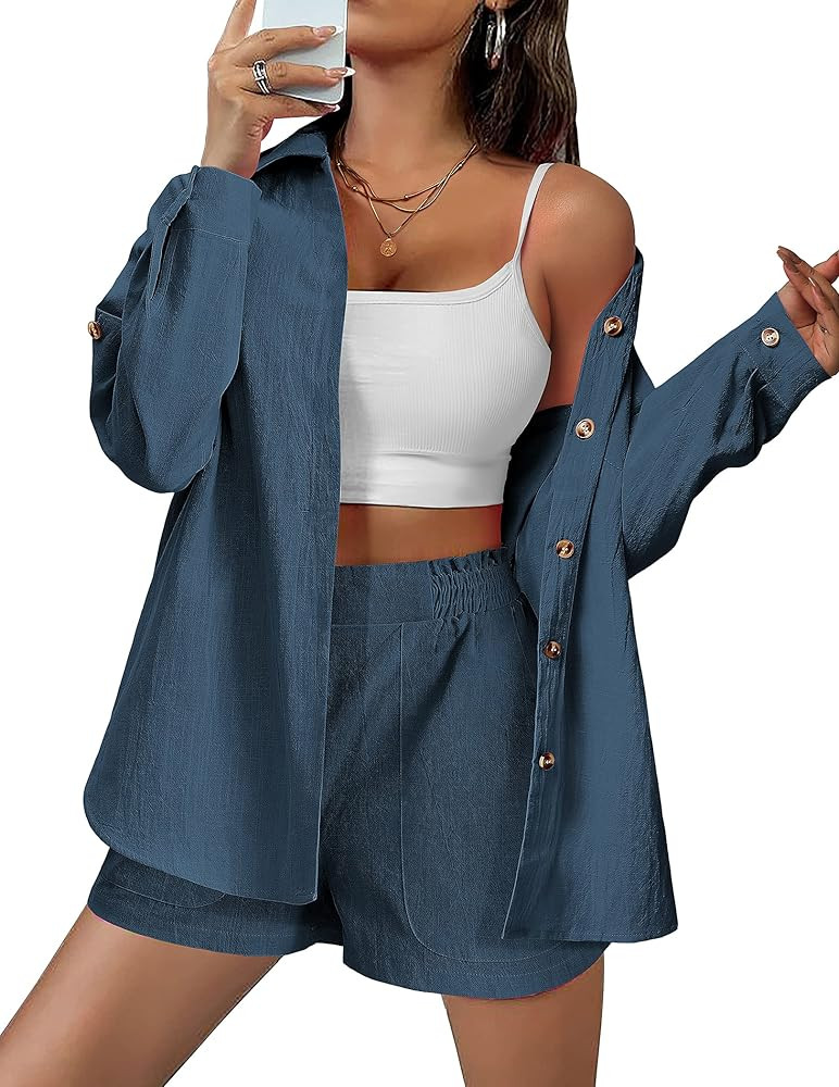 HOTOUCH Women 2 Piece Outfits Cotton Linen Set for Summer Two Piece Shirt& Shorts Tracksuit Loung... | Amazon (US)