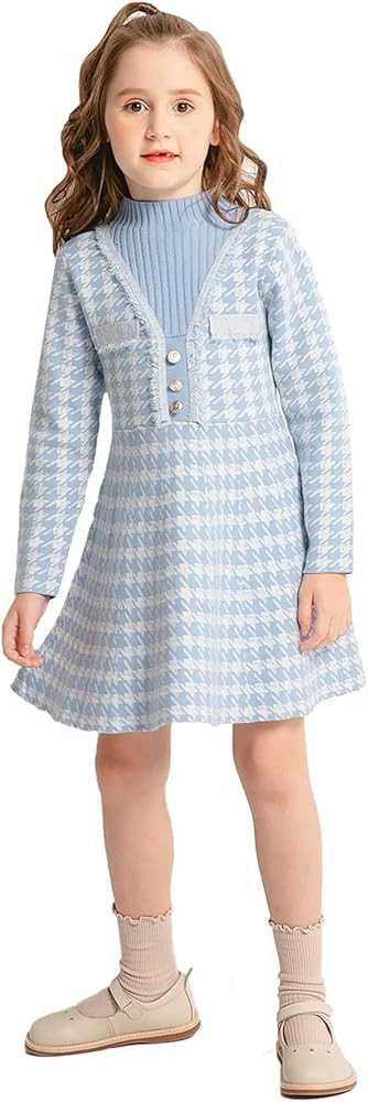 SMILING PINKER Girls Dresses Houndstooth Knitted Sweater Flare Winter Dress Mock Neck | Amazon (US)