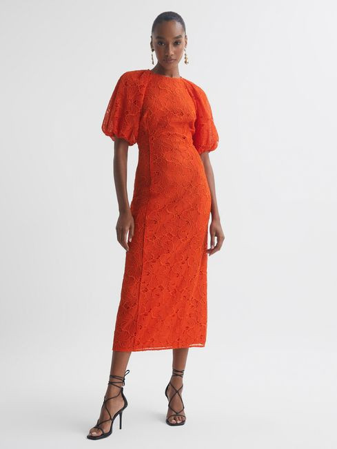 Florere Lace Puff Sleeve Midi Dress | Reiss US
