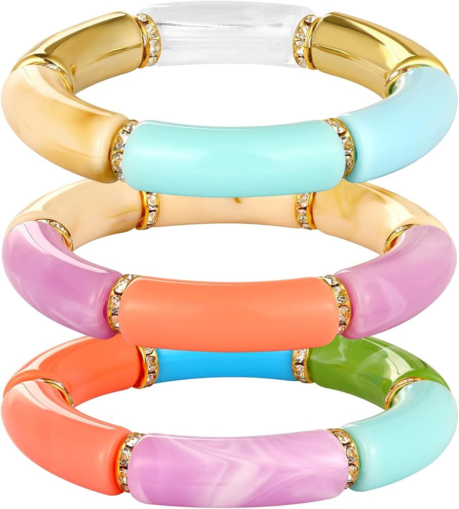 Bamboo Tube Bracelet Chunky Bangle Gold Stacking Bangles Acrylic Clear Stretchable Colorful Beads... | Amazon (US)