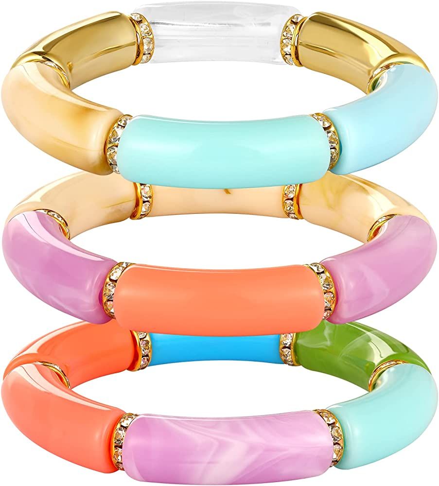 Bamboo Tube Bracelet Chunky Bangle Gold Stacking Bangles Acrylic Clear Stretchable Colorful Beads Fr | Amazon (US)