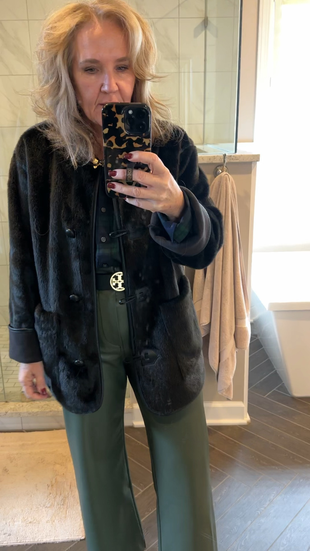 Colette pants in faux leather back in stock! Wearing size 29. They have stretch but don’t sag. So so good. 

Blouse size large. Silky black watch plaid. 

Tory Burch belt size large but I had to add an extra hole. Order your reg size. 

Faux fur size medium. Just love it. 

I’m changing in to black boots. These are prob too casual for this look. But do comfy! Tts 

Anthropologie workout for leather pants, Colette pants, green pants, olive green pants, J.Crew blouse, target faux jacket, toggle jacket 

#LTKHoliday #LTKWatchNow #LTKOver40