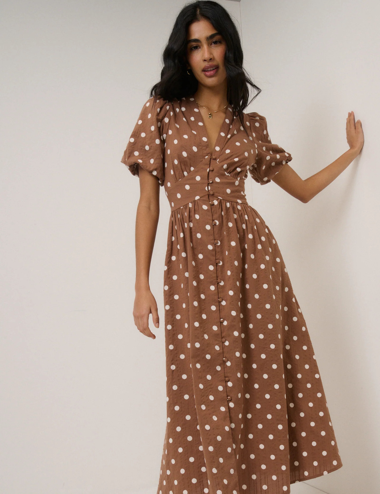 Brown Polka Dot Starlight Midi Dress | Nobody's Child