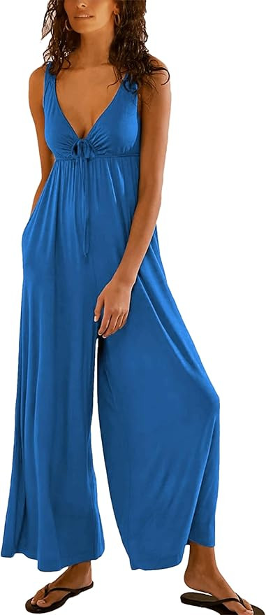 Women's Casual Loose Jumpsuits One Piece Sleeveless Wide Leg Long Pant Rompers With Pockets | Amazon (US)