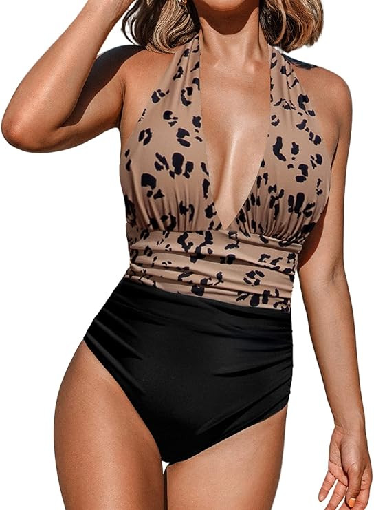 CUPSHE Women V Neck One Piece Swimsuit Halter Backless Ruched Tummy Control Bathing Suit | Amazon (US)