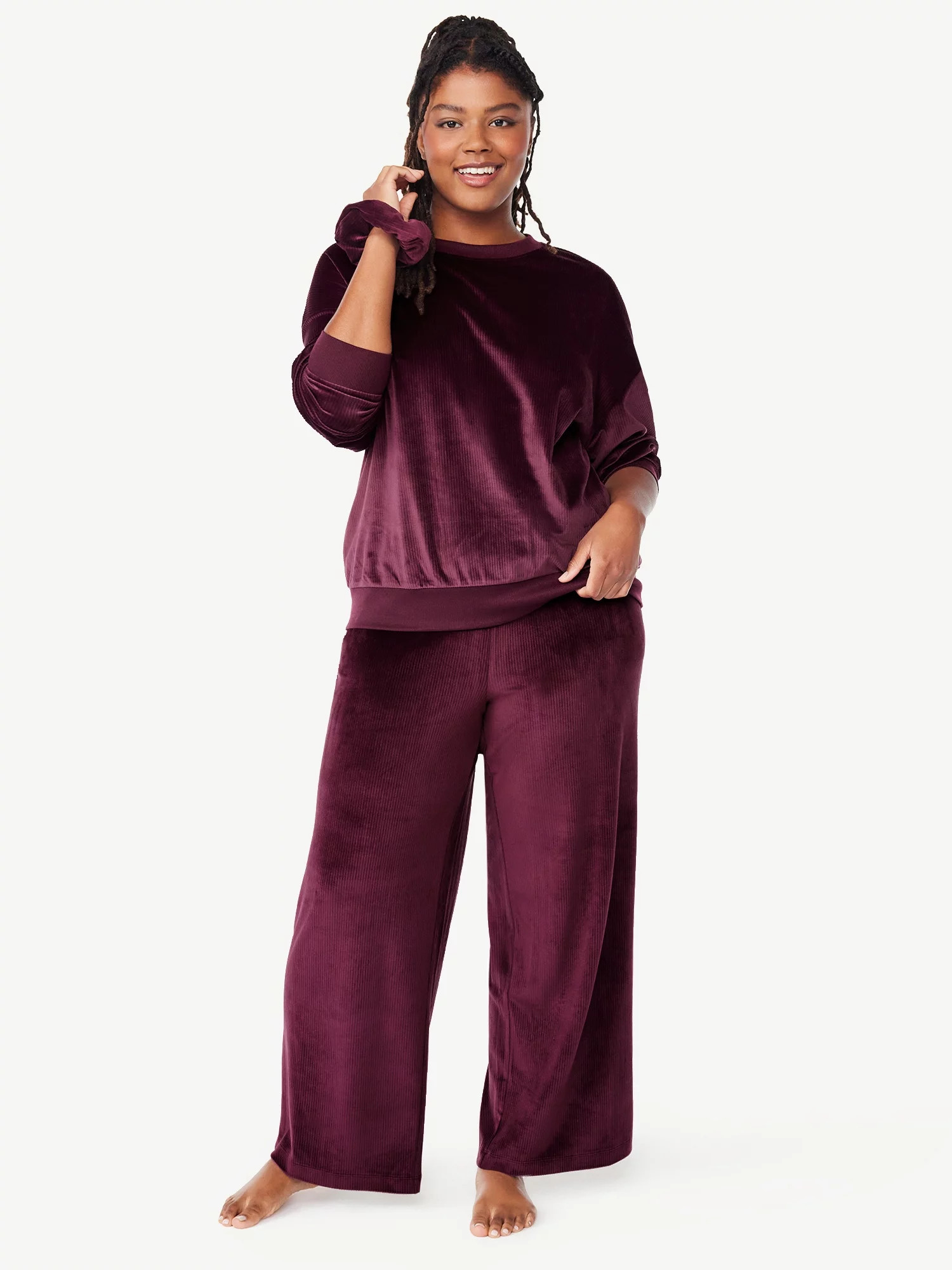 Joyspun Women's Ribbed Velour Top and Pants Pajama Set with Oversized Scrunchie, 3-Piece, Sizes S... | Walmart (US)