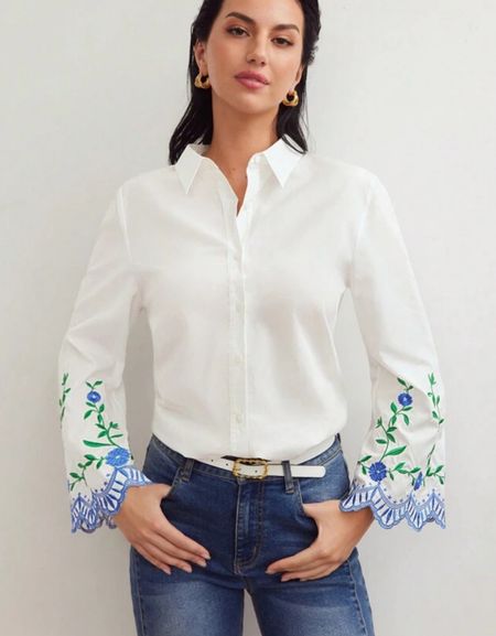 Embroidered floral white button down shirt 

#LTKFindsUnder100 #LTKOver40 #LTKFindsUnder50
