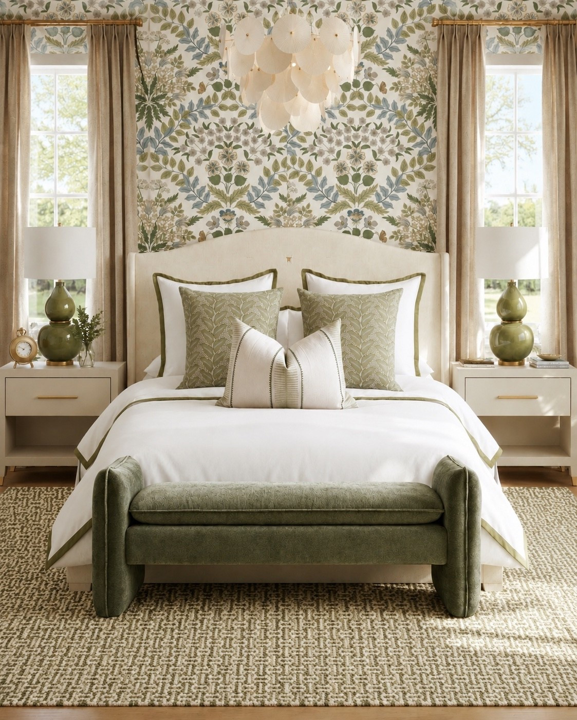 An elevated green escape 

Bedroom wallpaper bed bench nightstand dresser lighting