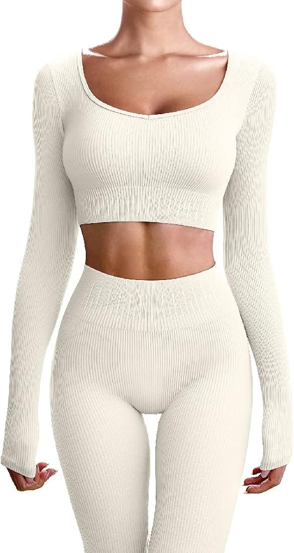 Amazon.com: OQQ Workout Outfits for Women 2 Piece Ribbed Yoga Long Sleeve Crop Tops High Waist Le... | Amazon (US)