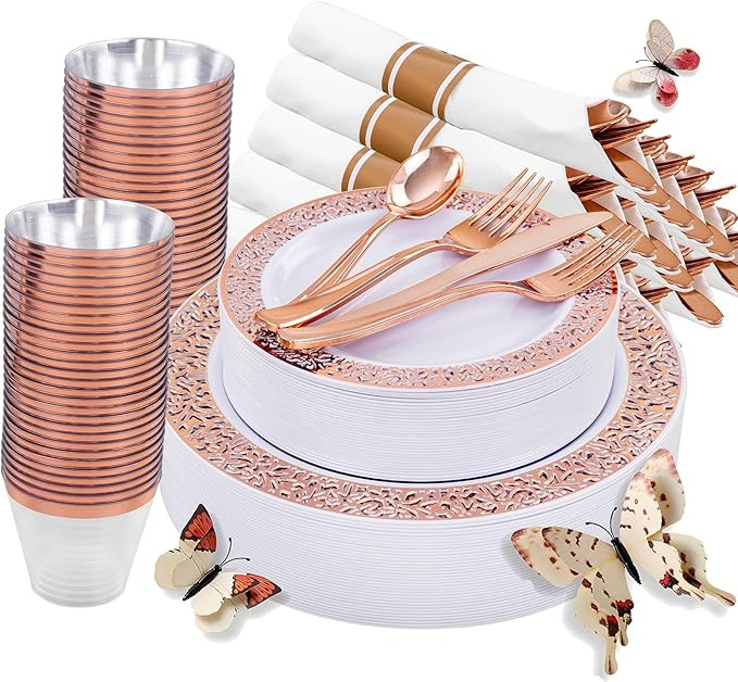 WELLIFE 350 PCS Rose Gold Disposable Dinnerware Set for 50 Guests, Disposable Rose Gold Lace Plat... | Amazon (US)