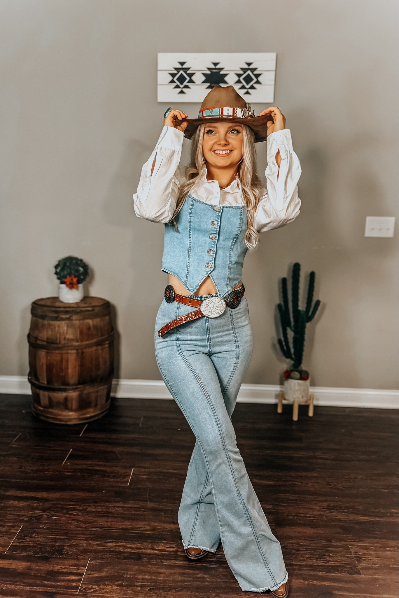 Jeans, jean style, all jean style, cowboy hat, burned hat, fedora hat, distressed hat, custom cowboy hat, bell bottoms, cowboy belt, concho belt, layering outfit, spring fashion, country concert outfit, western fashion, cowgirl fashion, the Kiersten zile collection, jean vest, jean top

#LTKparties #LTKtravel #LTKFestival