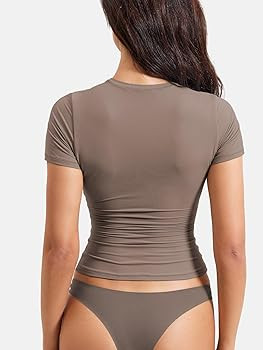 YEOREO Women Slim Fit T Shirt Double Lined Fitted Sweeney Basic Going Out Tee Crew Neck Top | Amazon (US)