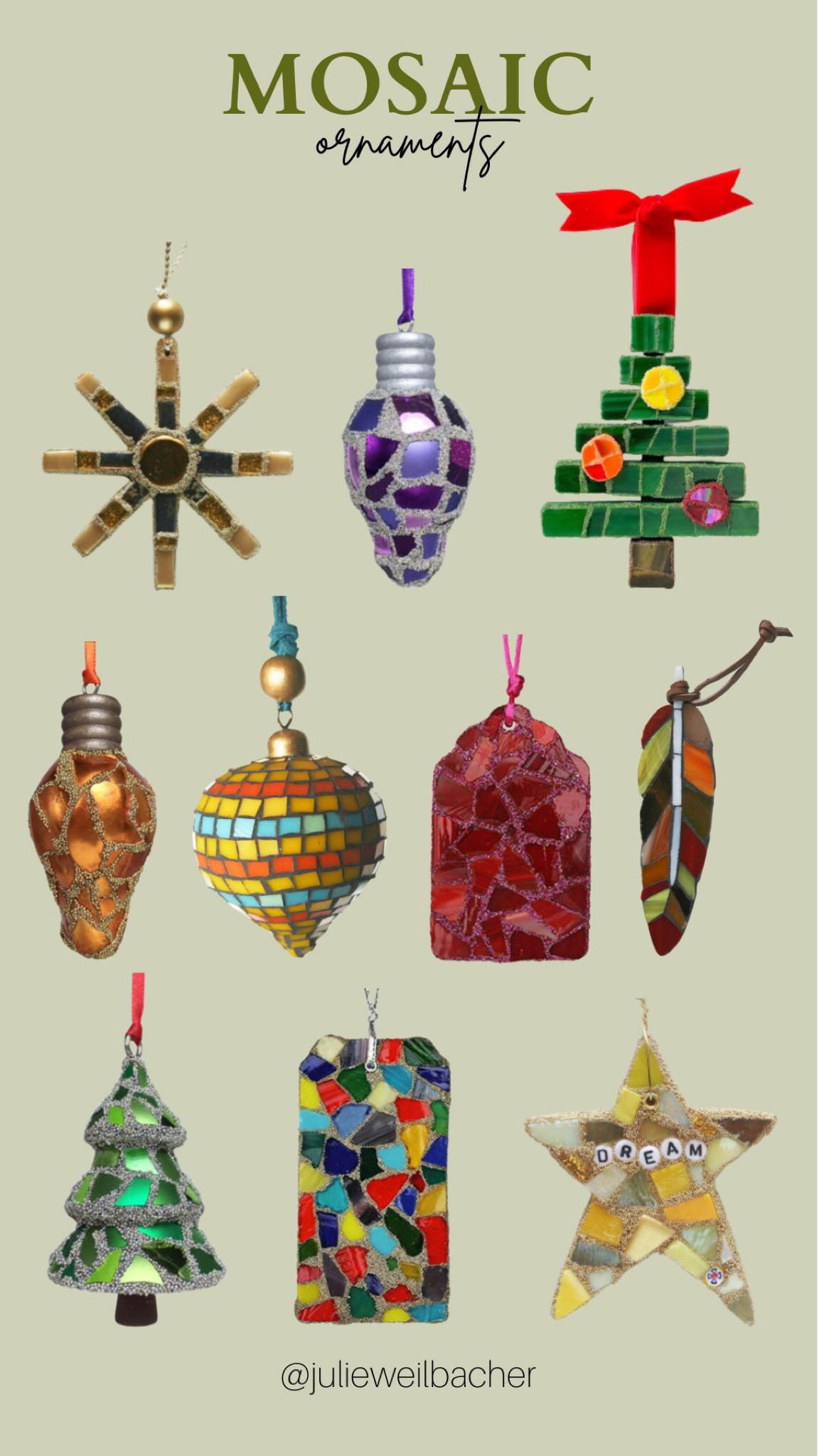 Sharing glass mosaic ornaments for the holidays.🎄 They’re made of stained glass, glass tile, glass rods, vitreous glass, and broken glass ornaments.

For mosaic tips, tutorials, inspiration, and so much more please visit my YouTube channel: YouTube.com/julieweilbacher. 

Follow @julieweilbacher on Instagram for all things mosaic art. Mosaic Christmas ornaments - glass ornaments - stained glass ornaments - Christmas decorations- Christmas decor - broken glass ornaments - hostess gift - teacher gift - art gift idea - handmade ornaments - mosaic

#LTKSeasonal #LTKhome #LTKHoliday