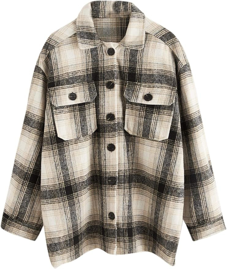 Verdusa Women's Flap Pocket Front Drop Shoulder Oversized Plaid Coat Flannel Jacket | Amazon (US)