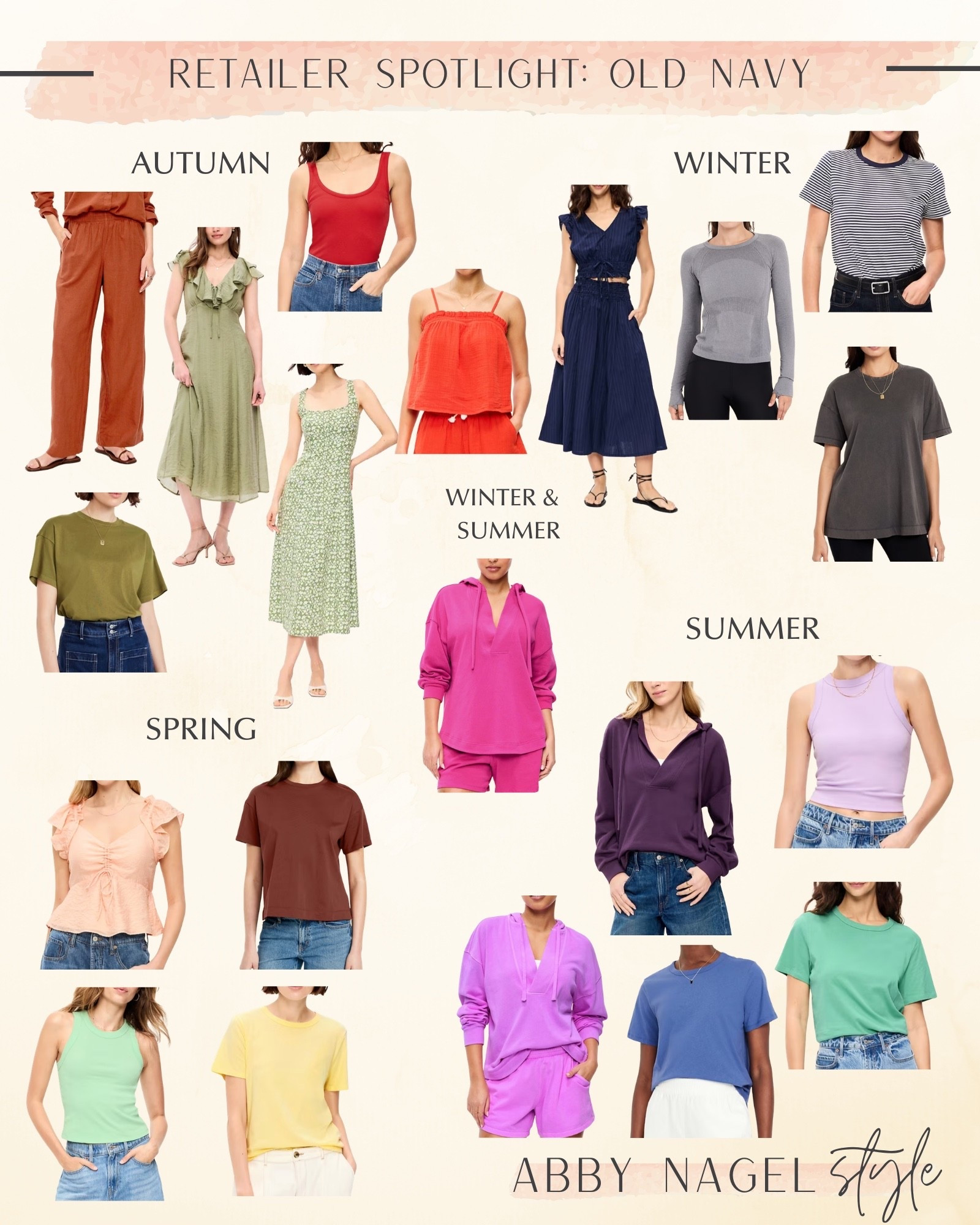 Old Navy By Season 
Autumn: Russet Moon, Amaryllis, Green Floral, Bare Ground, Ornamebt Orange, Avacado Oil
Winter: Artic Depth,  Navt Stripe, Dragon Fruit, Light Heather Grey, Panther 
Spring: Clarity, Mystic Yellow, Peach Gelato, MaroonYour Day
Summer: Fresh Lilac, Medium Blue Pigment, Chrysolite, Orchid, Astro Plum