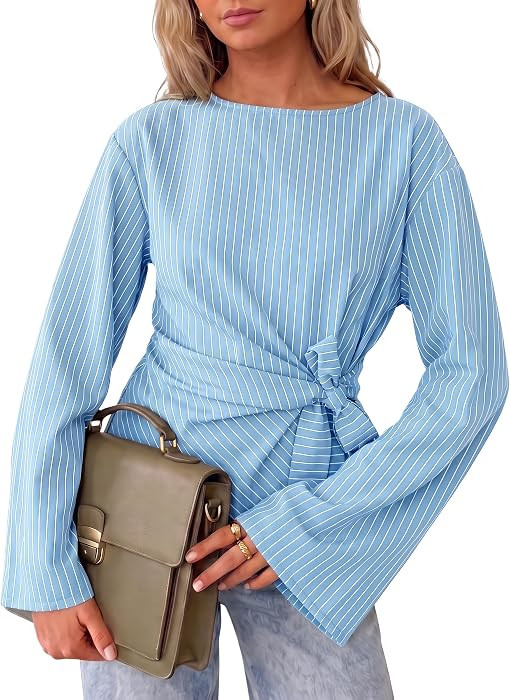 Cicy Bell Womens Cinched Waist Wrap Tops Bell Sleeve Boat Neck Blouse Shirt | Amazon (US)
