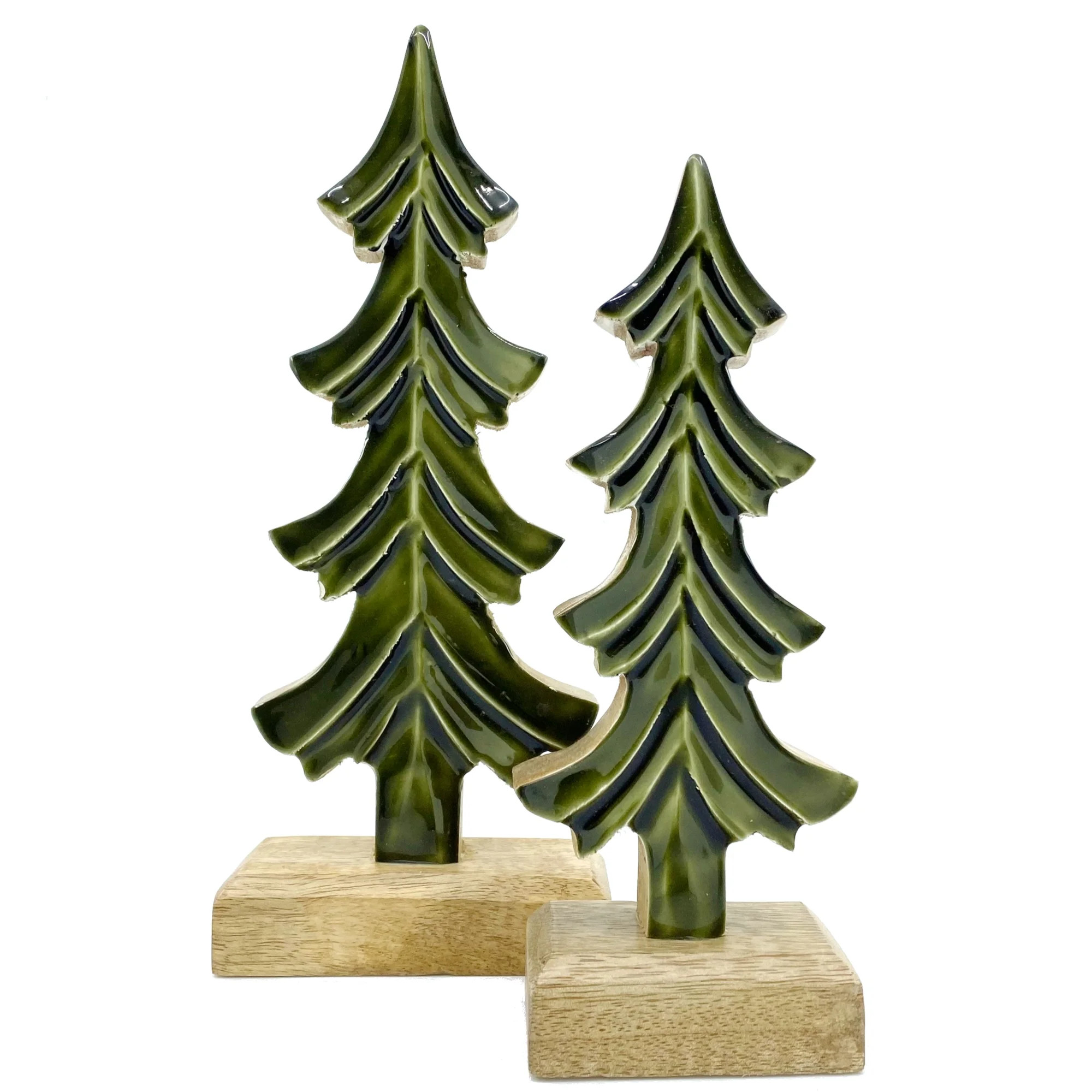 Wood Tree Decor - Set of 2 Green Glazed Wooden Holiday Winter Display | Walmart (US)