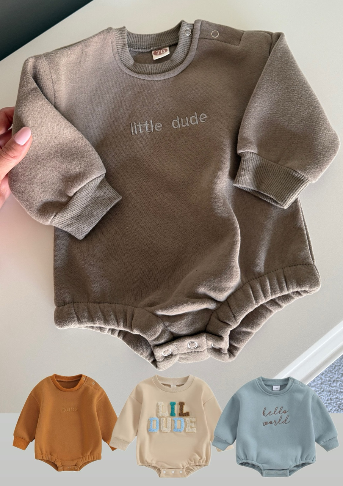 The cutest baby sweatshirt romper from Amazon!! 🥹