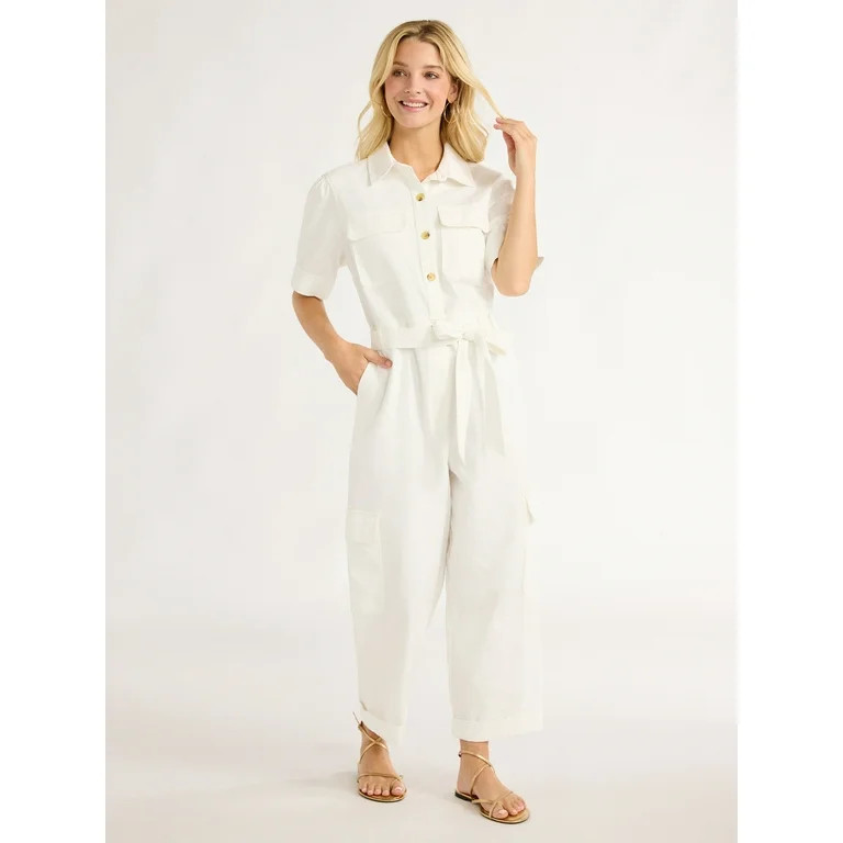 Free Assembly Women’s Cotton Cargo Jumpsuit with Puff Sleeves, 26” Inseam, Sizes XS-XXL | Walmart (US)