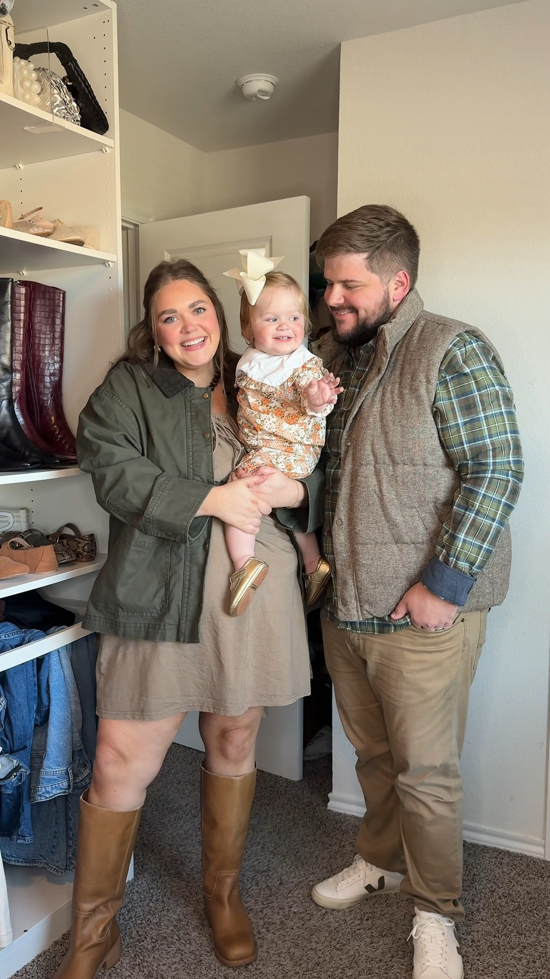 Family Thanksgiving outfit idea fall photo outfits. Wearing xl in dress and xxl in barn jacket. Jackson is wearing xxl in shirt and vest (his is from last year but linked similar). Margot’s bubble is stitchy fish use code CAITLIN15 and her bow is Bonnie bee  

#LTKMens #LTKBaby #LTKFamily