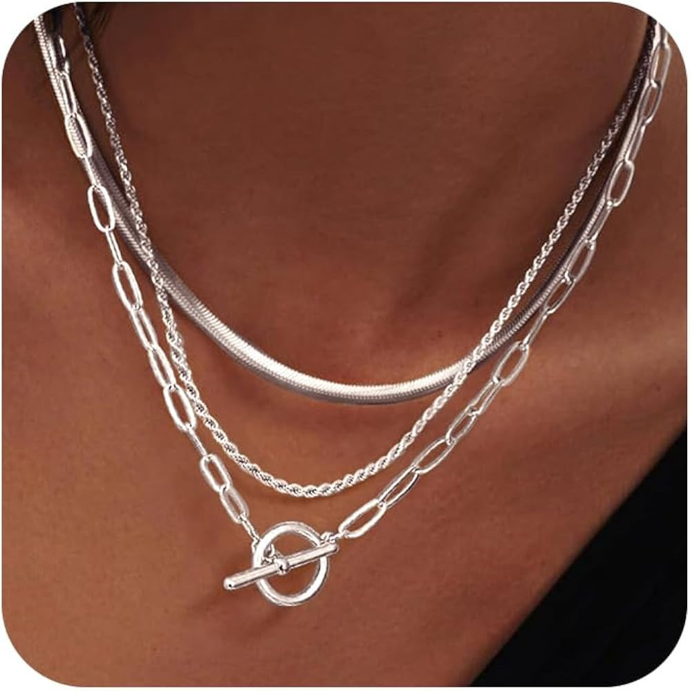 Freekiss Gold Layered Toggle Necklaces for Women: 14K Gold Plated Dainty Link Chain Necklaces Pap... | Amazon (US)
