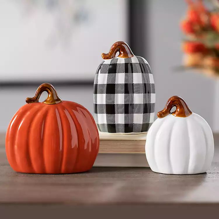 Orange, White, & Buffalo Check Pumpkins, Set of 3 | Kirkland's Home