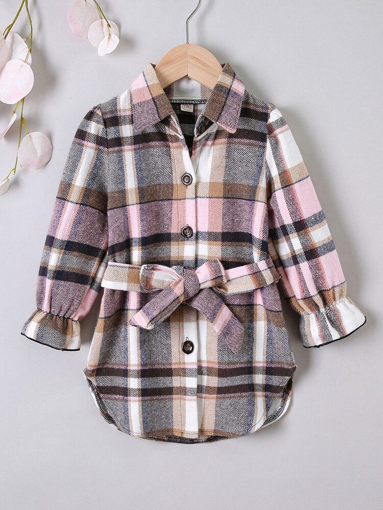 Toddler Girls Plaid Flounce Sleeve Belted Dress | SHEIN