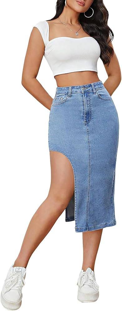 Verdusa Women's Denim Split Thigh High Waist Midi Skirt with Pockets | Amazon (US)