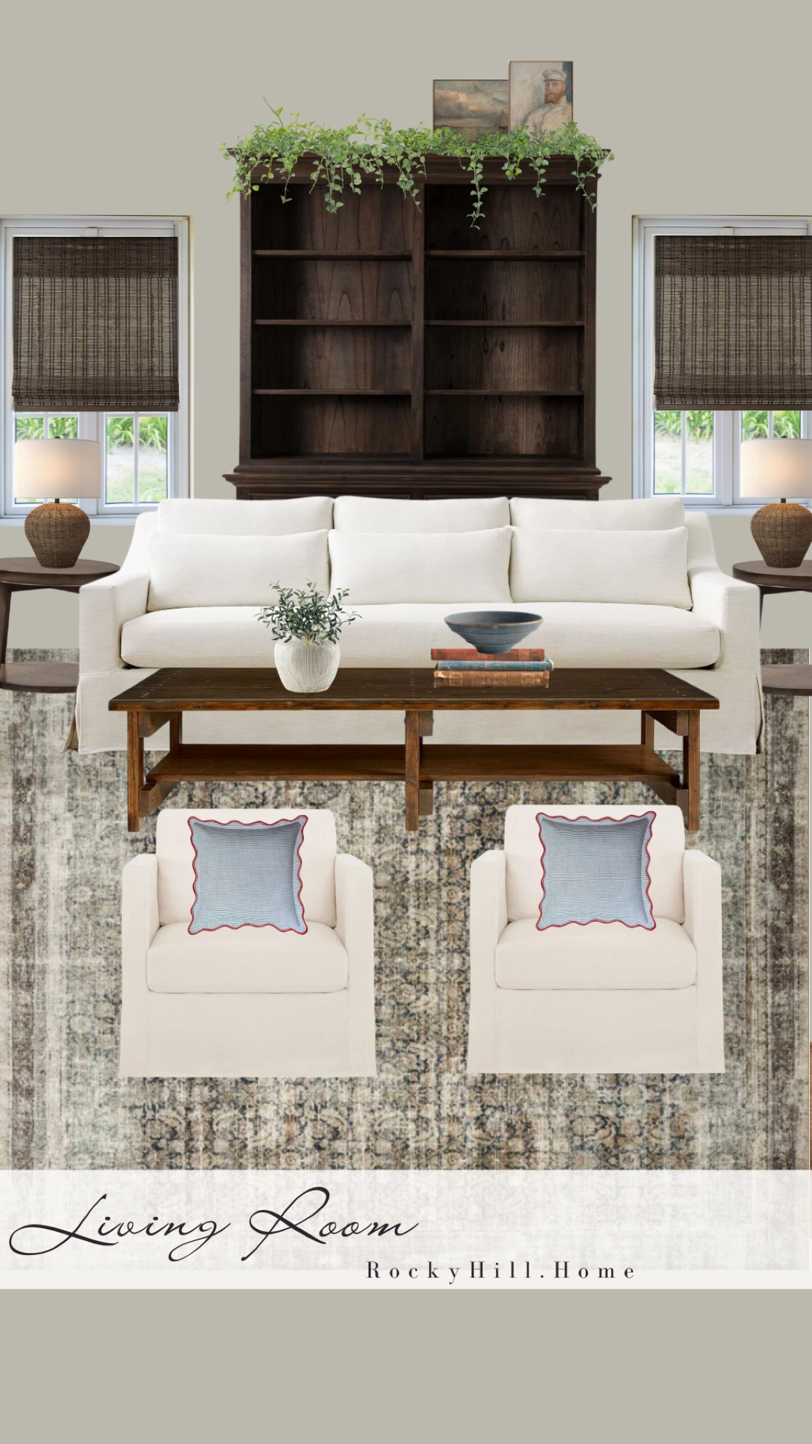 Modern traditional coastal living room with a white, blue, and brown color palette and a pop of red.
White sofa, navy sand loloi rug, long rustic coffee table, seagrass lamps, affordable living room chairs, vintage coastal art prints, white vase, blue decorative bowl, tall hutch. Pottery Barn, Amber Interiors, Walmart, Etsy, Wayfair

#LTKStyleTip #LTKSeasonal #LTKHome