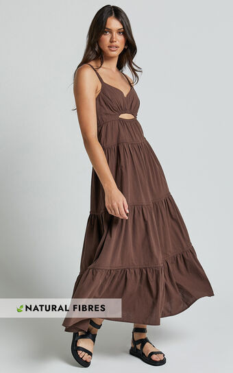 Adia Midi Dress - Front Keyhole Tie Back Tiered Dress in Chocolate | Showpo (US, UK & Europe)