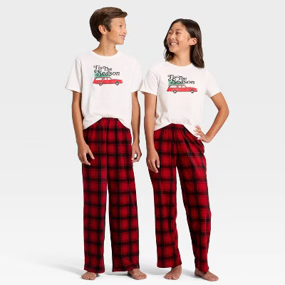 Kids' Plaid Microfleece Holiday Matching Family Pajama Pants - Wondershop™ Red/Black XL | Target
