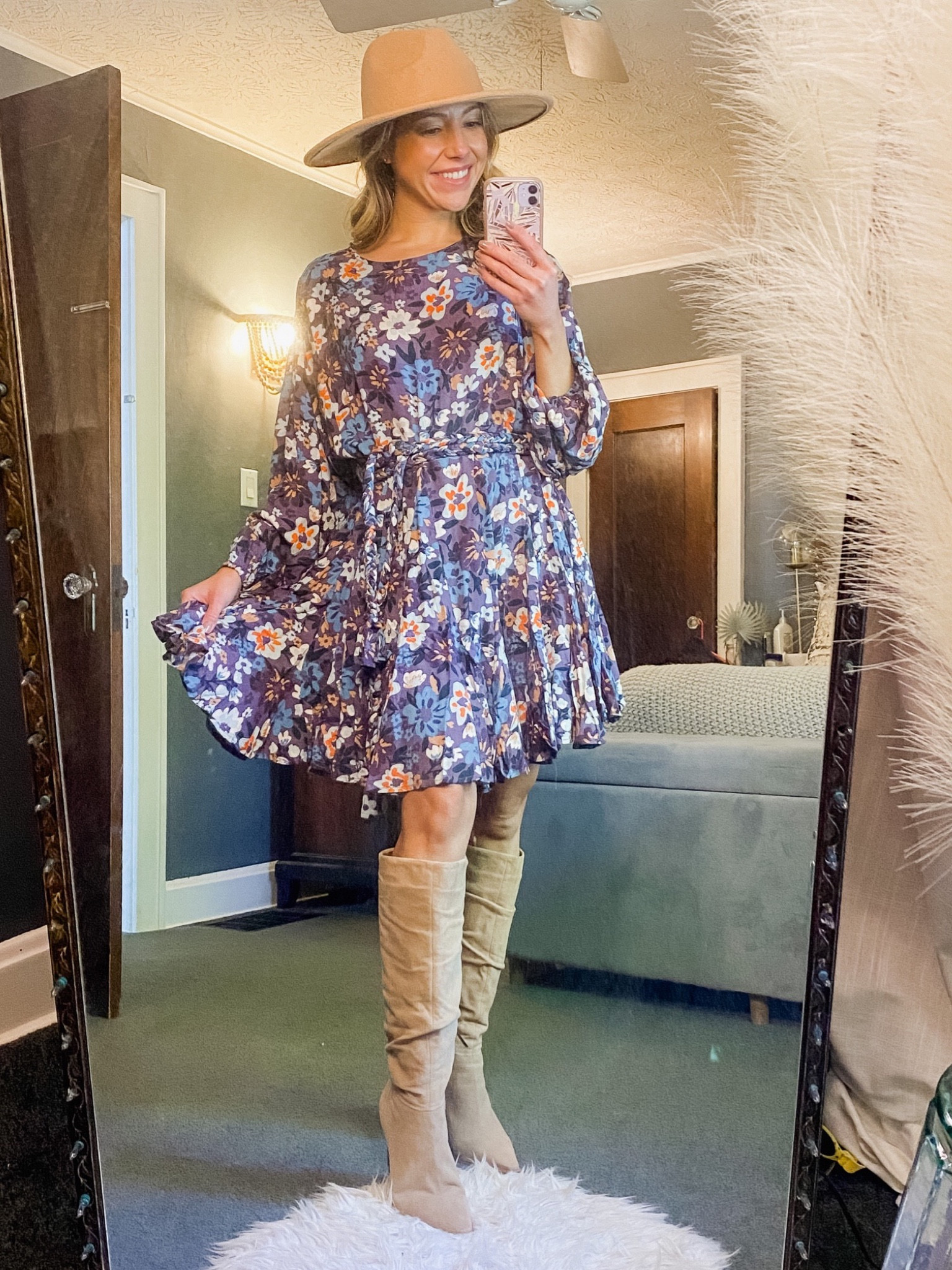 Baby shower dress
Blue dress
Floral dress
Long sleeve dress
Mini dress
Belted dress
Suede boots
Vince Camuto
Wide brimmed hat
Vacation outfit 
Travel look
Western boots

#LTKstyletip #LTKtravel #LTKSeasonal