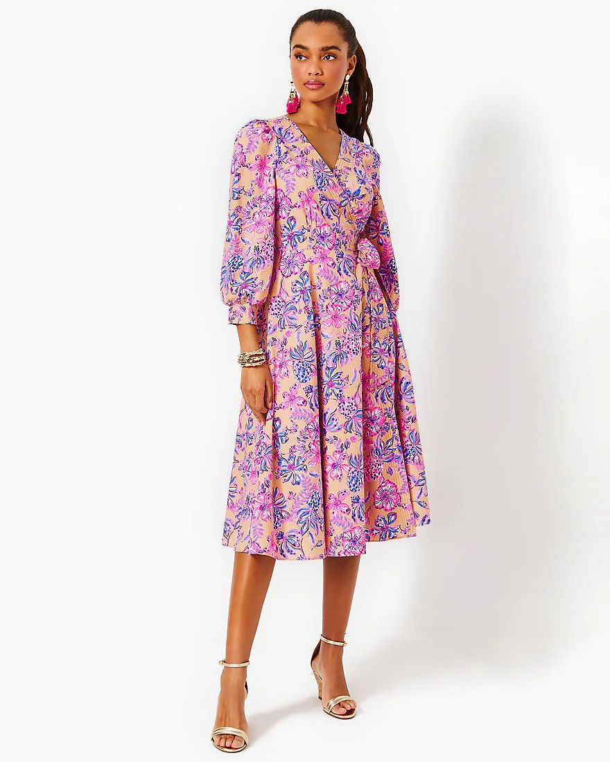Shiela 3/4 Sleeve Cotton Midi Wrap Dress | Splash of Pink - A Lilly Pulitzer Store