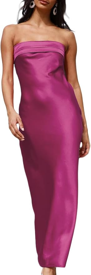 Realtix Satin Silk Backless Tube Tops Maxi Dress for Women Low Back Hollow Out Elegant Strapless ... | Amazon (US)