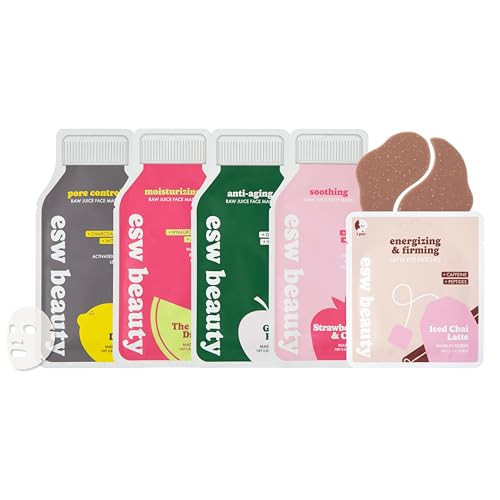 ESW Beauty Most Loved K Beauty Skincare Set - Hydrating Face Masks & Under Eye Patches - Iced Chai Latte Eye Patches - Strawberries & Cream, Deep Detox, The Pink Dream, & Green Reset Face Masks | Amazon (US)