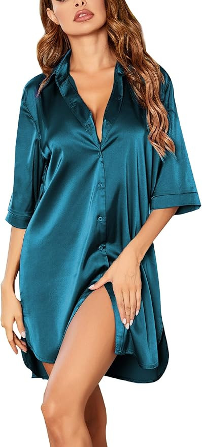 Ekouaer Women's Satin Nightshirt Button Down Sleepshirt Silk 3/4 Sleeve Nightgown Boyfriend Notch... | Amazon (US)