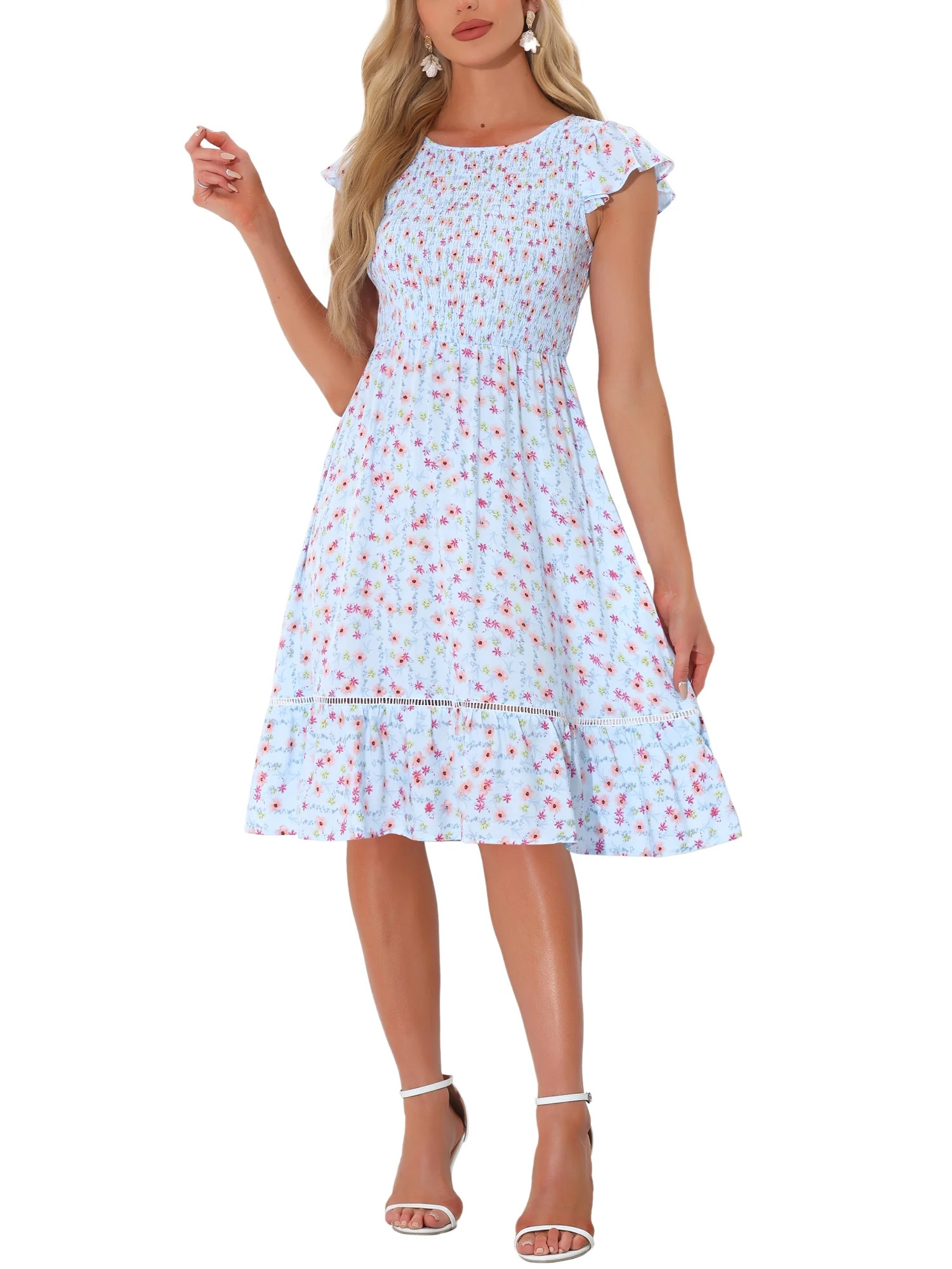 Allegra K Women's Summer Sundresses Floral Smocked Fit and Flare Midi Dress - Walmart.com | Walmart (US)