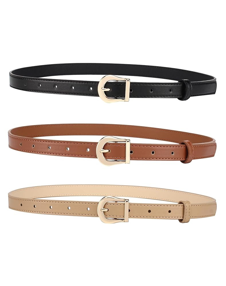 Set of 3 Womens Thin Belts for Dresses Jeans Pants, Faux Leather Skinny Waist Belt with Gold Buck... | Amazon (US)
